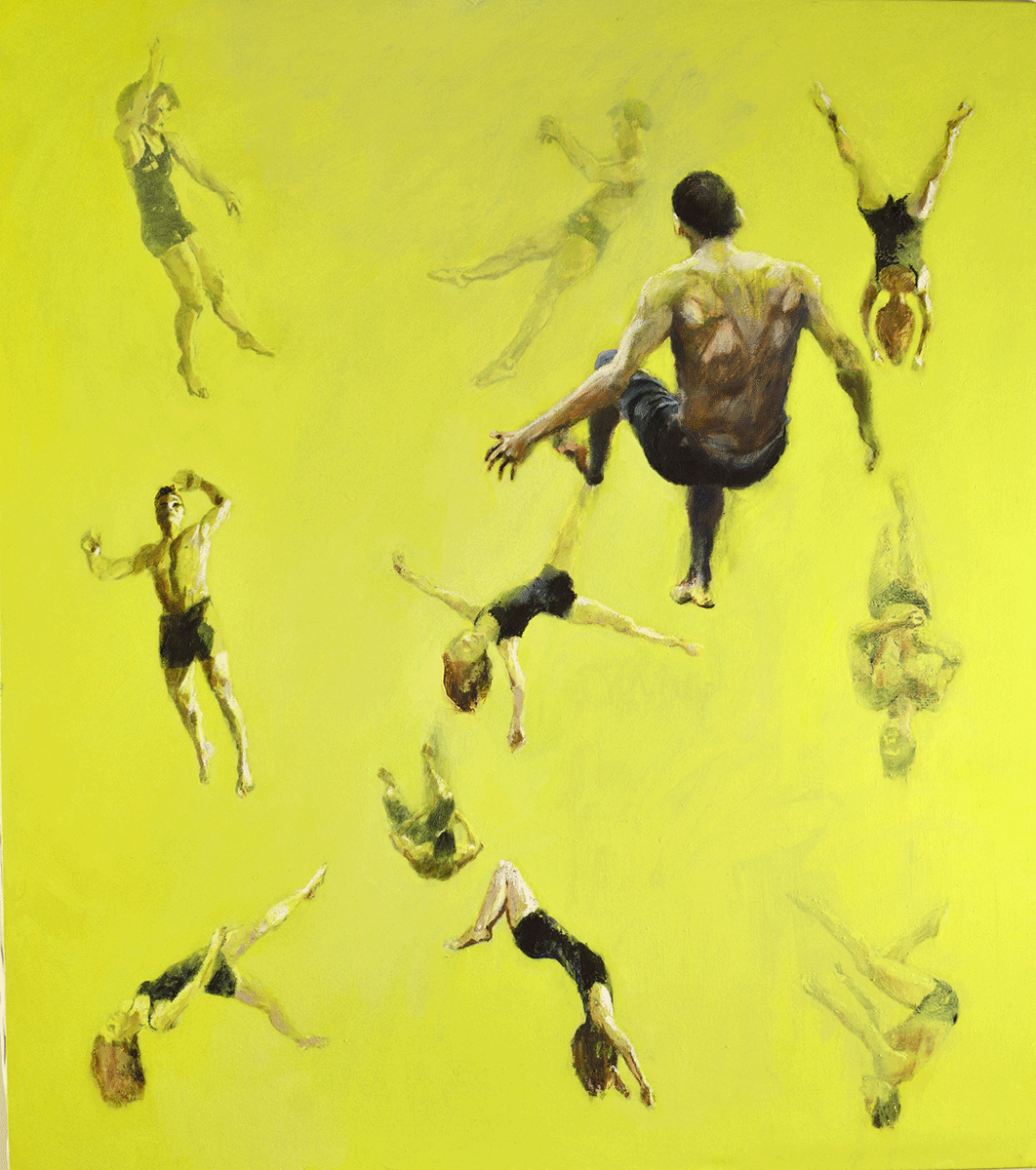 Falling, suspended and Spinning human figures - Chaotic Composition of Acrobats in an Empty Yellow Universe